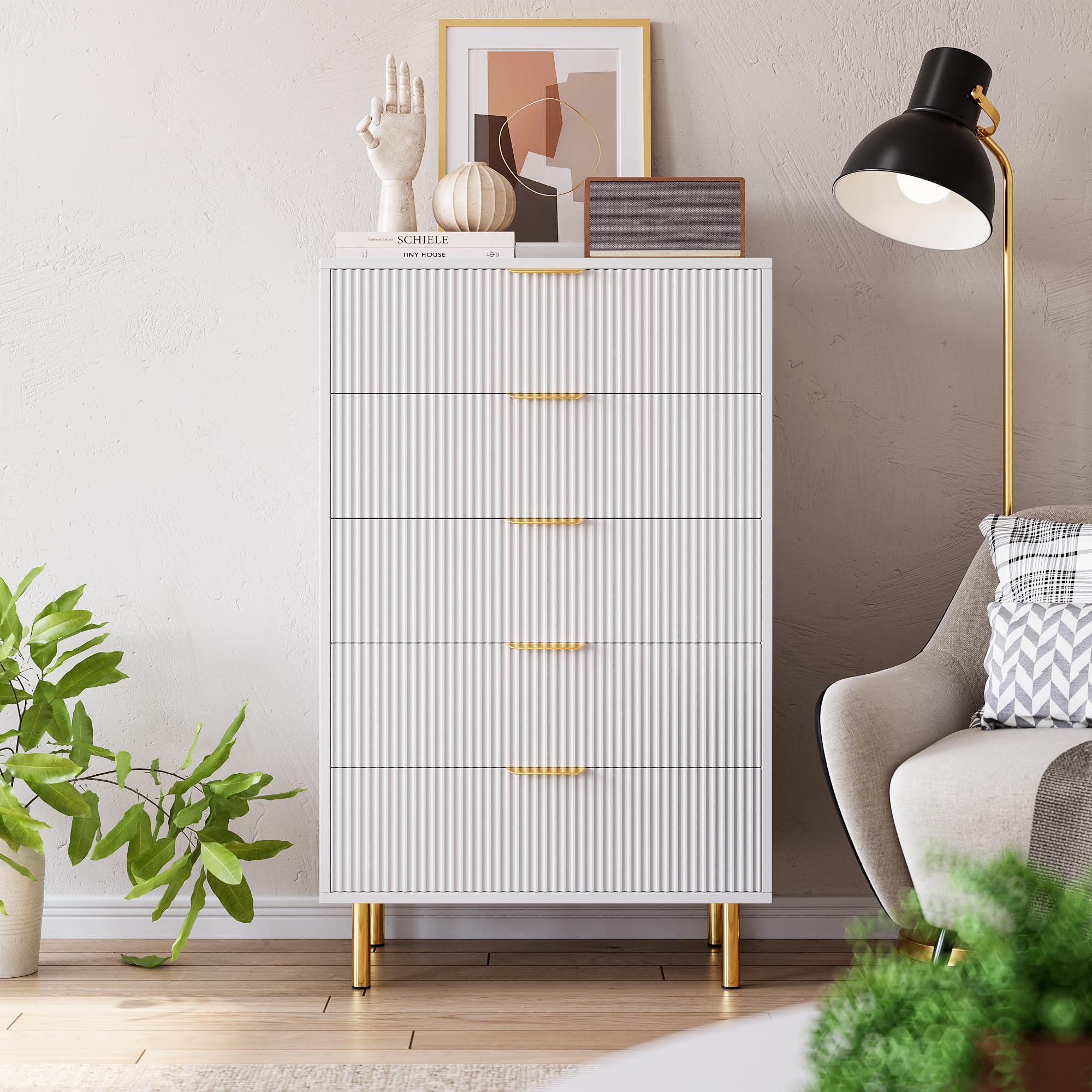 Garvee White Dresser, Modern 5 Drawer Dresser for Bedroom with