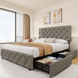 Garvee Queen Size Bed Frame with 4 Storage Drawers, Linen Upholstered Platform Bed Frame with Adjustable Headboard, Diamond Stitched Button Tufted, No Box Spring Needed, Light Grey - Light Grey