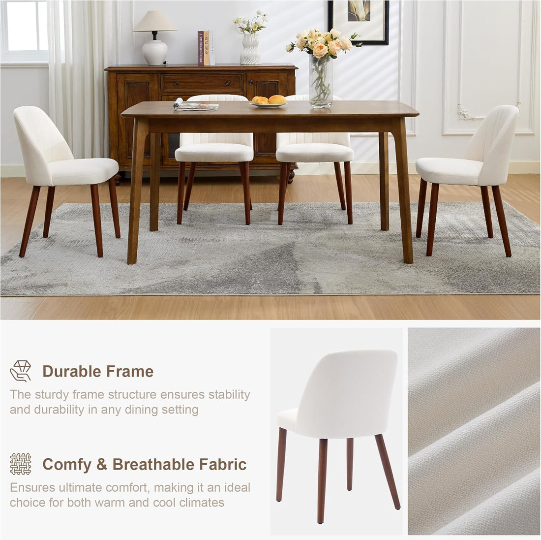 Garvee Set of 8 Mid-Century Modern Fabric Upholstered Dining Chairs with Padded and Solid Wood Legs, Beige