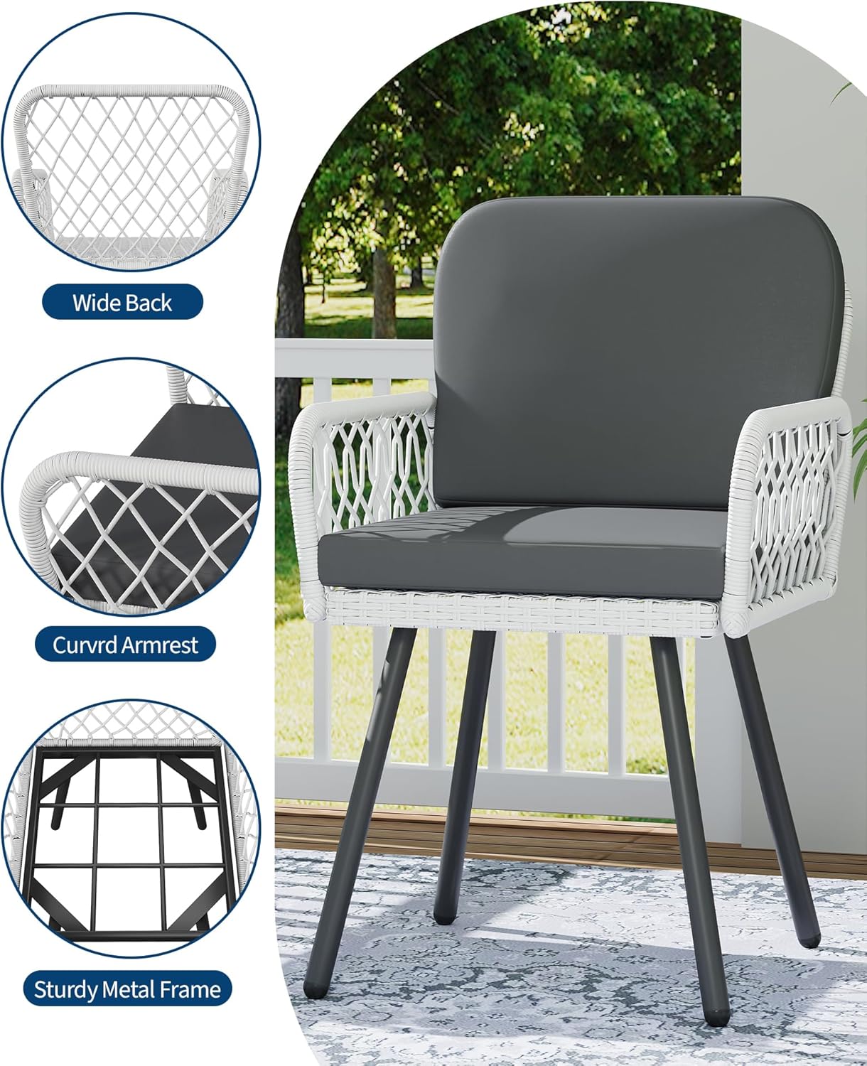 Garvee Outdoor Dining Set, 59" Black Metal Table with Tempered Glass Top & 6 Wicker Chairs, Patio Table and Chairs Set with Gray Cushions for Garden, Poolside