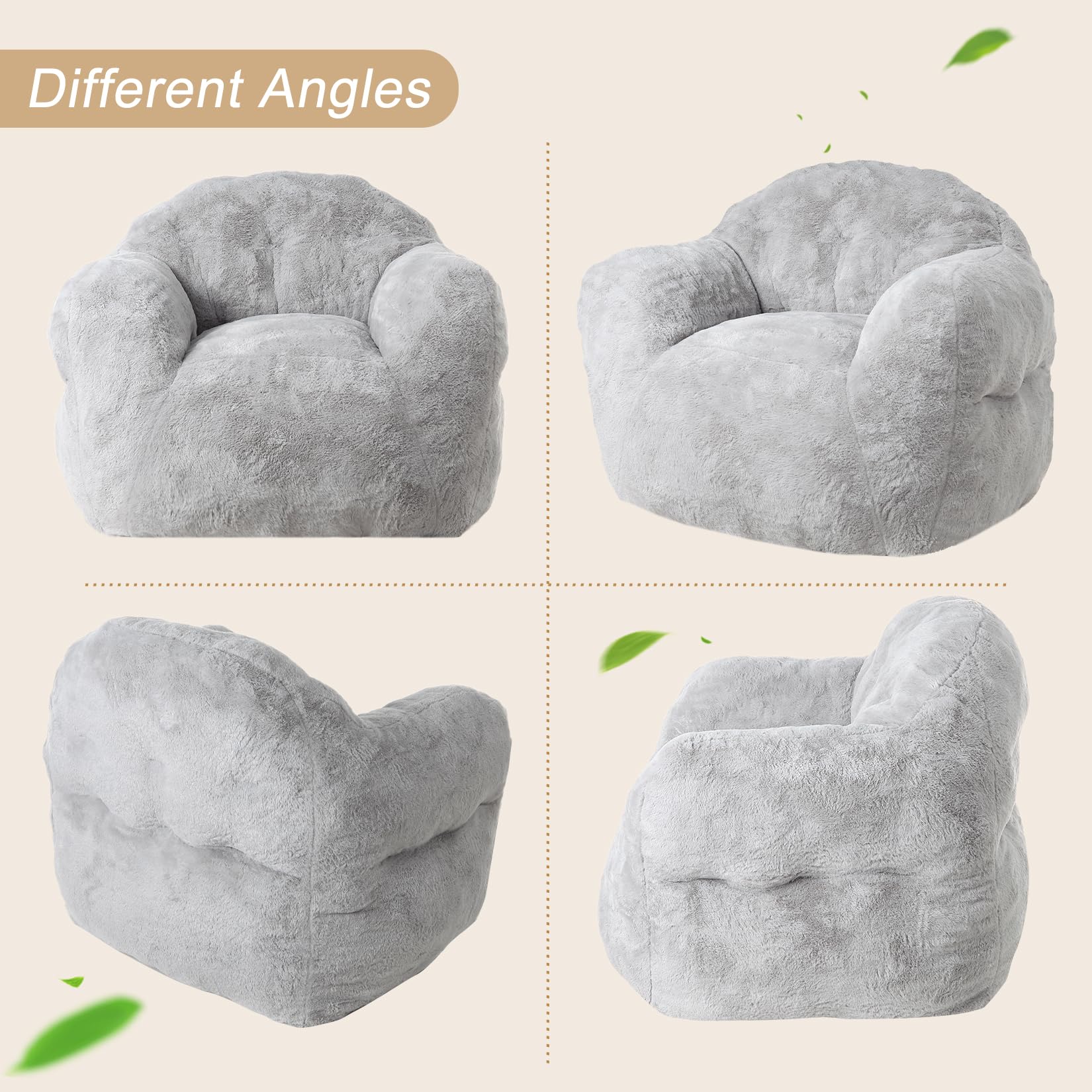 Gray giant bean bag chair showing different angles