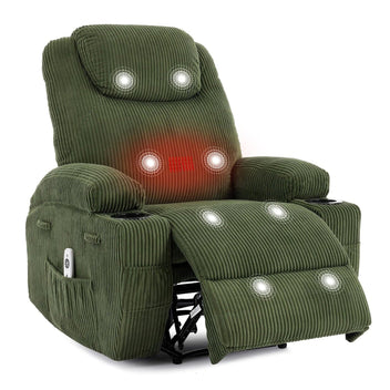 Garvee Manual Recliner Chair with Massage and Heat, Ultra-Comfortable 135° Adjustable Reclining Sofa for Living Room & Bedroom, with Cup Holders & Pockets, Corduroy Green