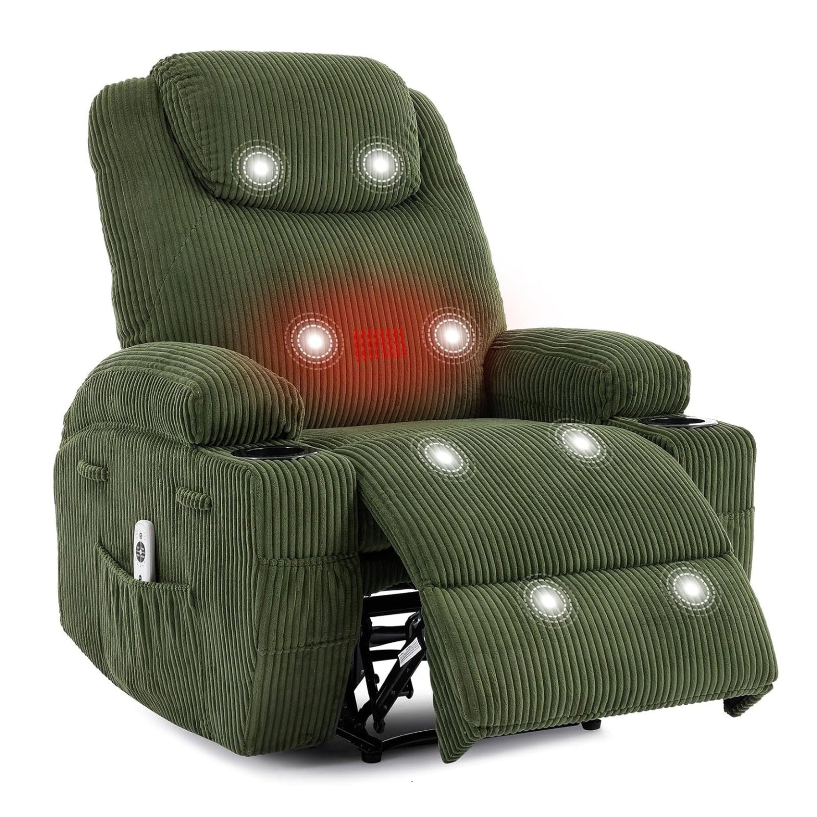 Garvee Electric Recliner Chair with Massage and Heat, Ultra-Comfortable 135° Adjustable Reclining Sofa for Living Room & Bedroom, with Cup Holders & Pockets, Corduroy Green