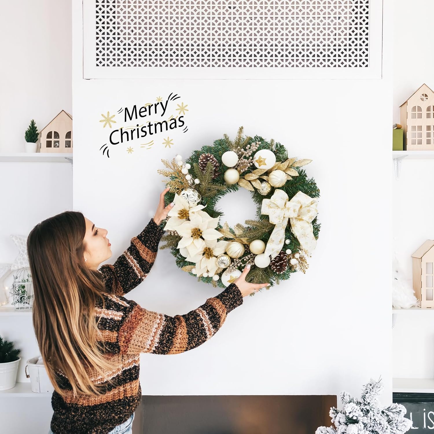 Garvee Pre-Lit Christmas Wreath for Front Door, 24 Inch Large Lighted Wreath with Xmas Balls, Artificial Flower & Bow, Battery Operated Christmas Wreath for Fireplace Window Wall Decor, Champagne