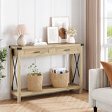 Garvee Farmhouse Entryway Console Table with Rattan Drawers, 43" Sofa Table with Storage, Burlywood, for Living Room, Hallway - Wood Color