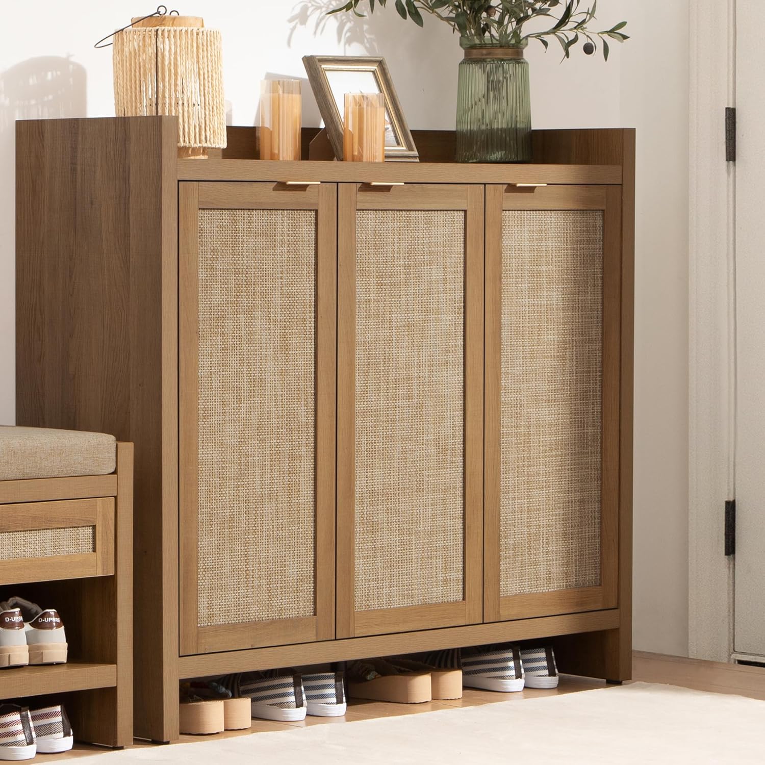 Garvee Boho 47" Rattan Shoe Storage Cabinet with 3 Doors and Adjustable Shelves for Hallway Living Room, Dark Oak