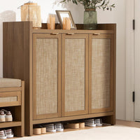 Garvee Boho 47" Rattan Shoe Storage Cabinet with 3 Doors and Adjustable Shelves for Hallway Living Room, Dark Oak