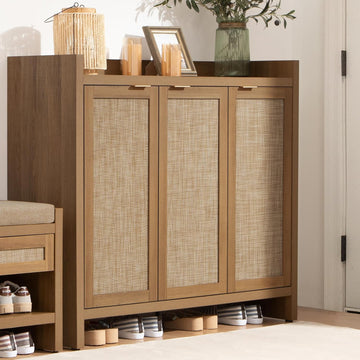 Garvee Boho 47" Rattan Shoe Storage Cabinet with 3 Doors and Adjustable Shelves for Hallway Living Room, Dark Oak