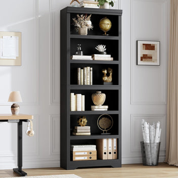 Garvee 6 Tier Bookshelf, 75" Tall Farmhouse Bookcase with Adjustable Shelves, 23.6" W Floor Standing Open Display Storage Rack with Anti-Slip Design for Home Office, Balcony, Library, Study / Living Room, Black