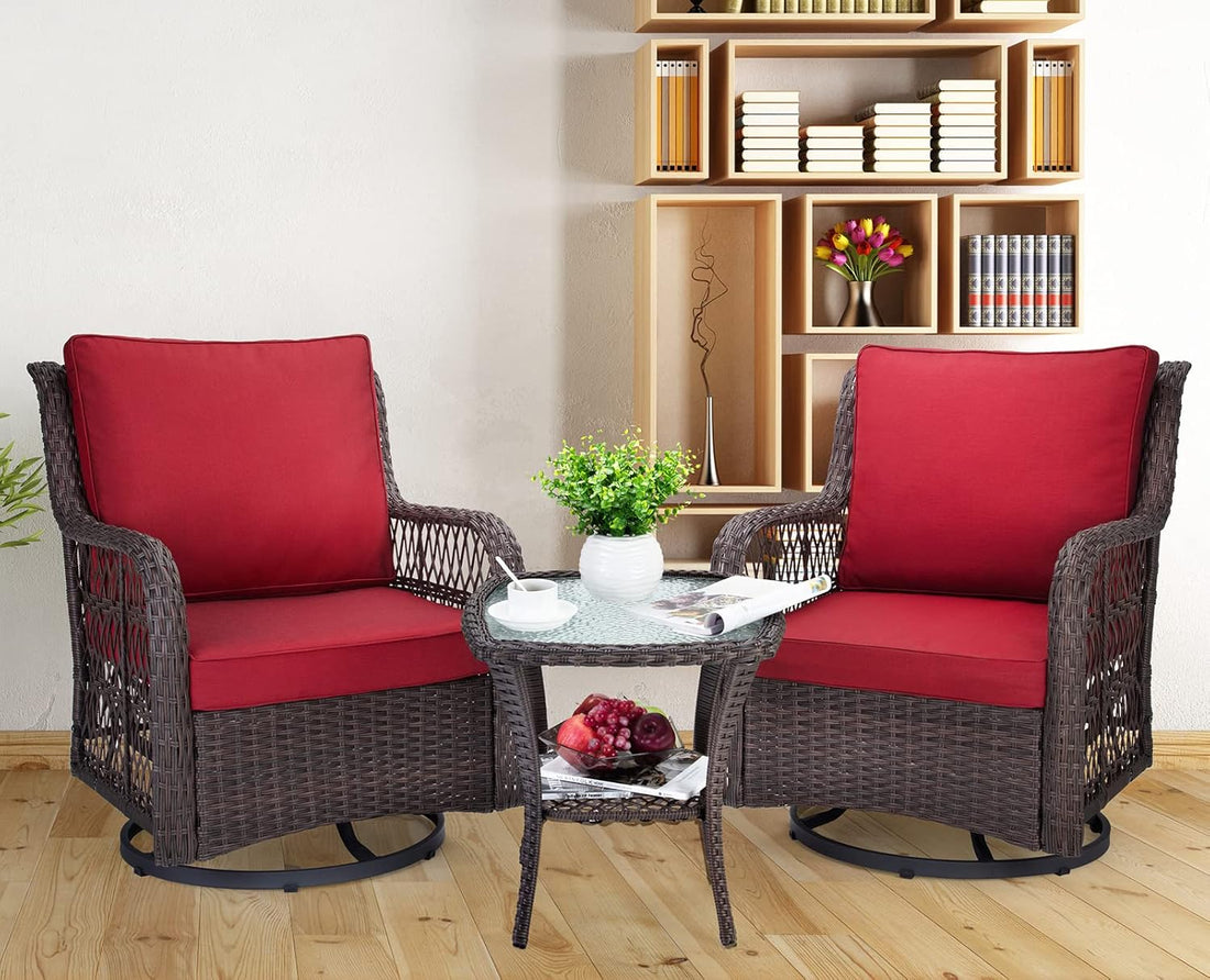 Garvee 3 Pieces Rattan Swivel Rocking Chair Outdoor, Patio Bistro Conversation Furniture Set, Wicker Chair with Cushions and Table - Red