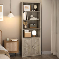 Garvee Industrial Bookshelf Bookcase with Doors & 11.8in Depth Display Storage Shelves, 71.4in Tall Farmhouse Bookcases Wooden 6 Shelf Bookshelvels for Bedroom, Living Room, Home Office, Gray