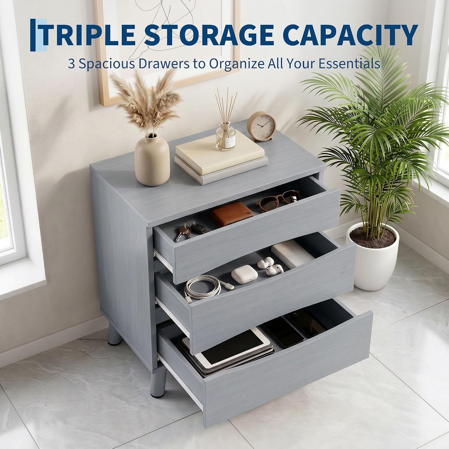 Garvee Compact 3-Drawer Bedside Cabinet Bedside Table - Space-Saving Storage End Table Cabinet, Sturdy Frame, Easy Assembly - Gray