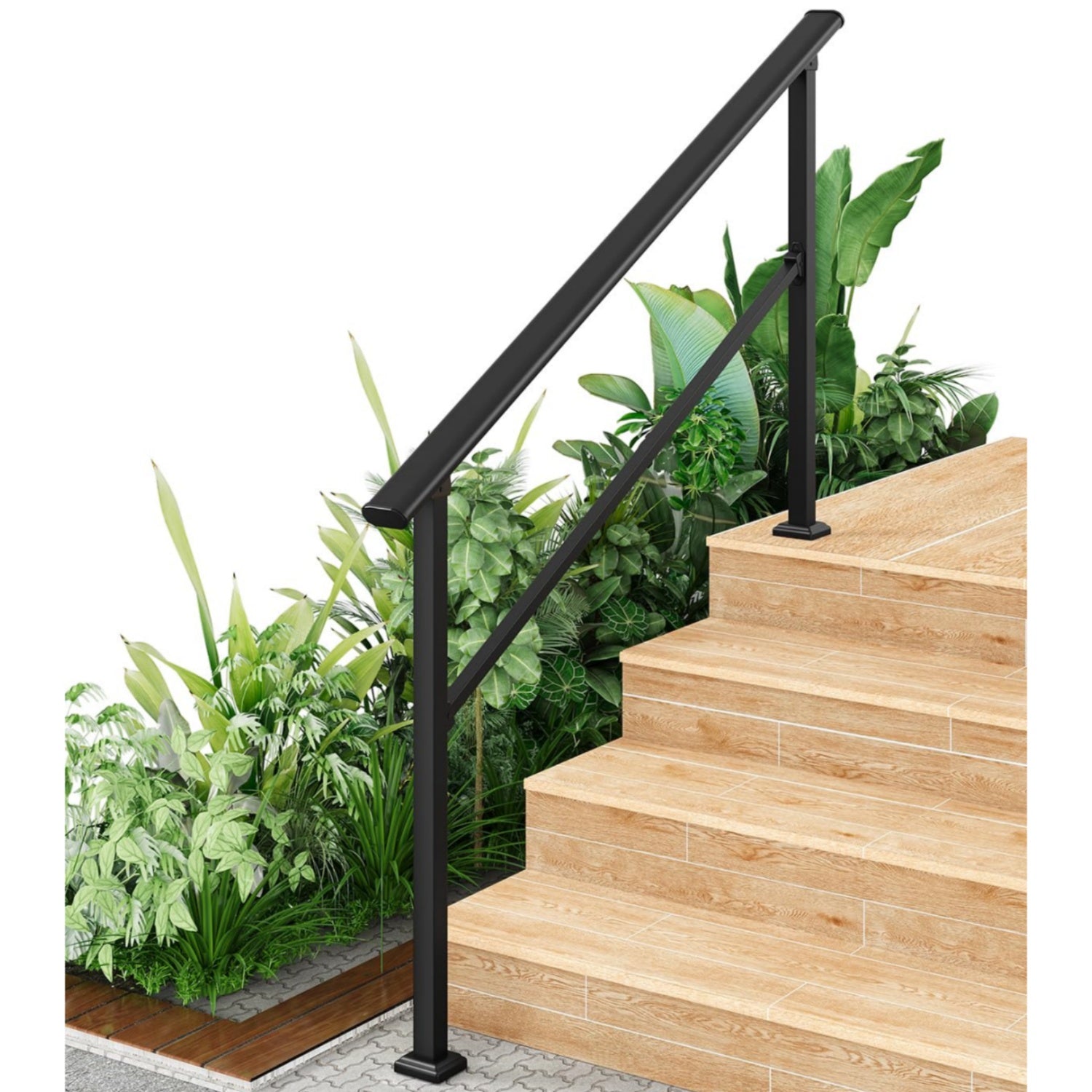 Garvee 5-Step Metal Handrail – Outdoor Stair Railing for Steps with Black Finish