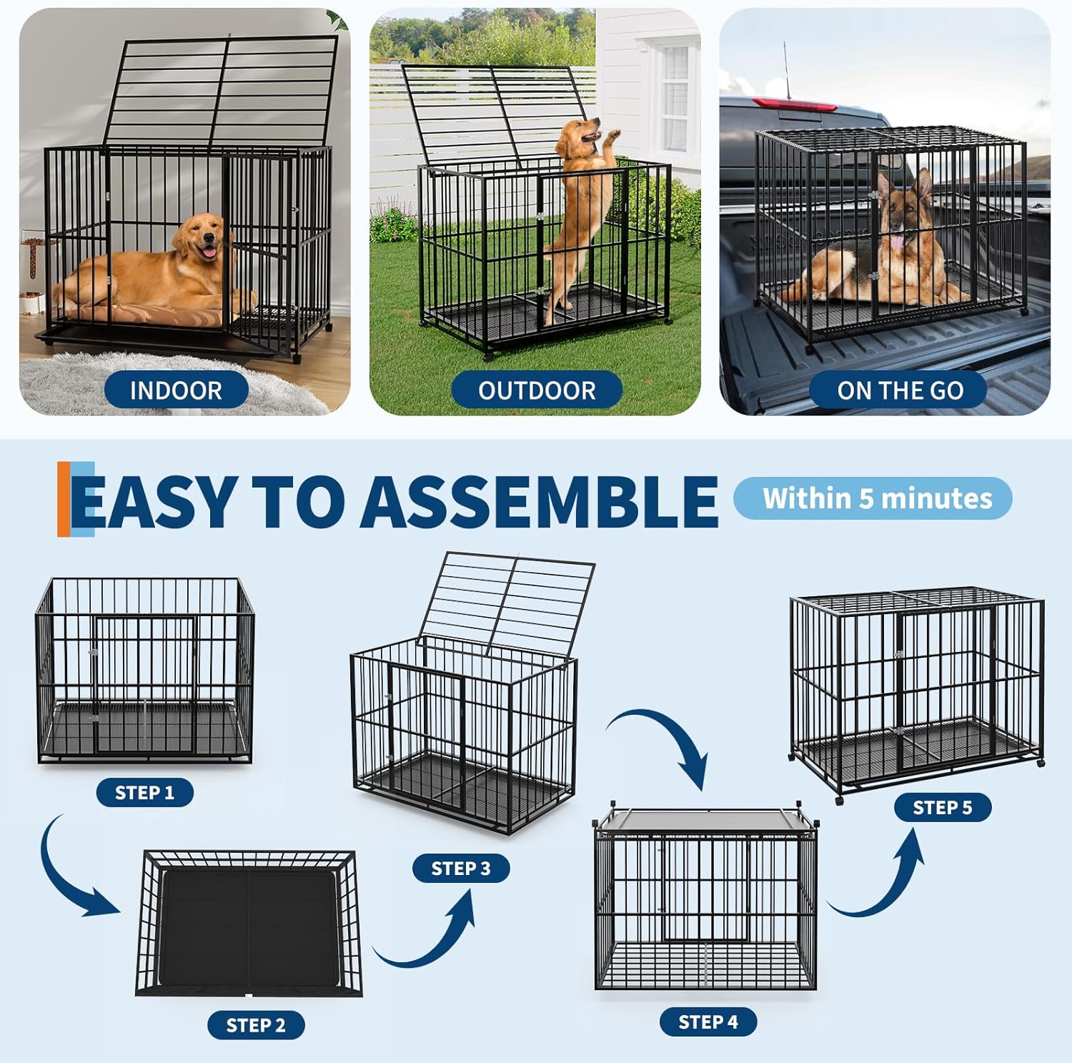 Garvee 48 Inch Dog Crate for Large Sized Dogs, Heavy Duty Stainless Steel Indoor Kennel Escape-Proof with Wheels and Removable Tray, Indestructible Dog Cage Stackable for High Anxiety Dogs