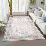 Garvee Washable 9x12 Vintage Large Rugs Low Pile Soft Indoor Area Rug Non Slip Pink - Pink