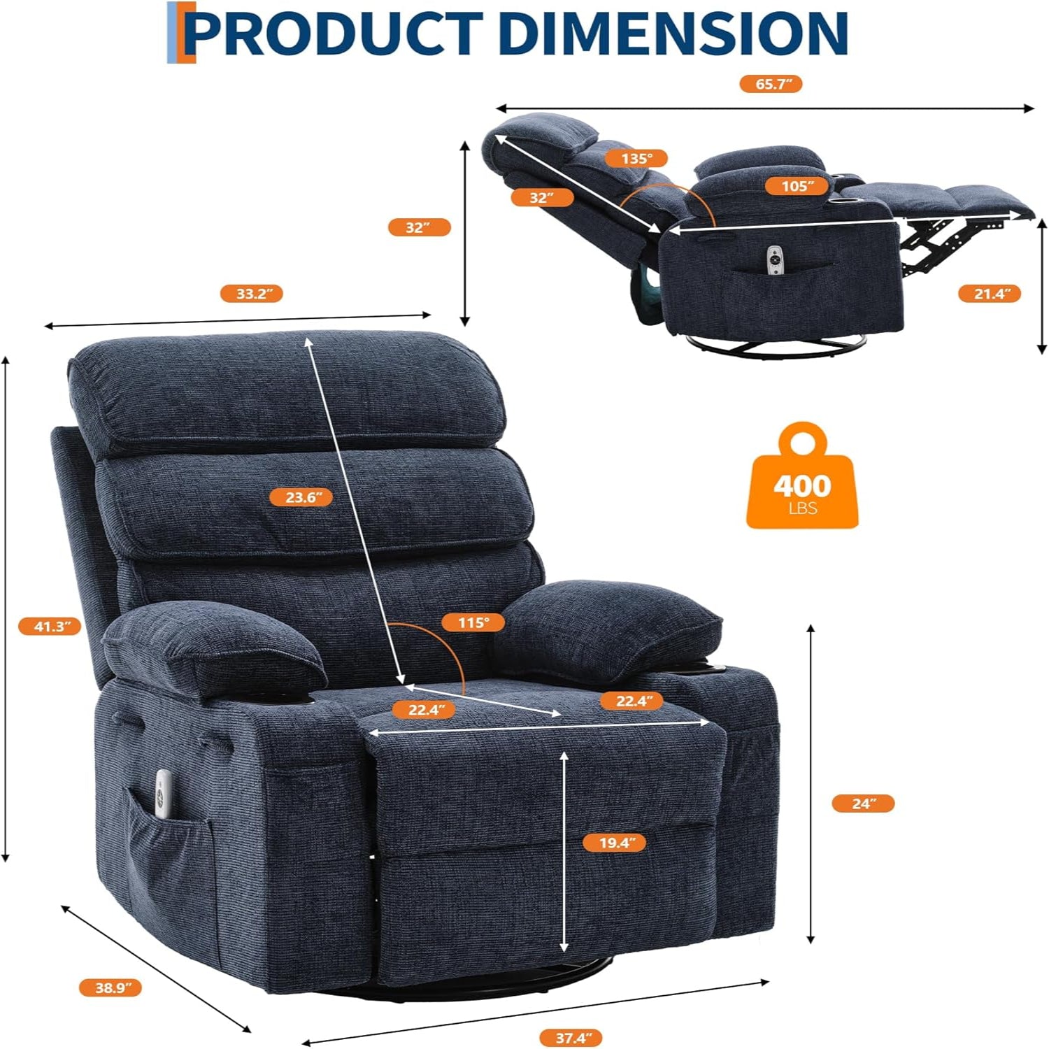 Garvee Massage Rocker Recliner with Heating, 360° Swivel Glider Recliner Chairs for Adults, Linen Nursery Chair with Side Pocket, Two Cup Holders, Blue