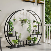 5-Tier Curved Metal Plant Stand with 6 Hooks for Balcony, Black