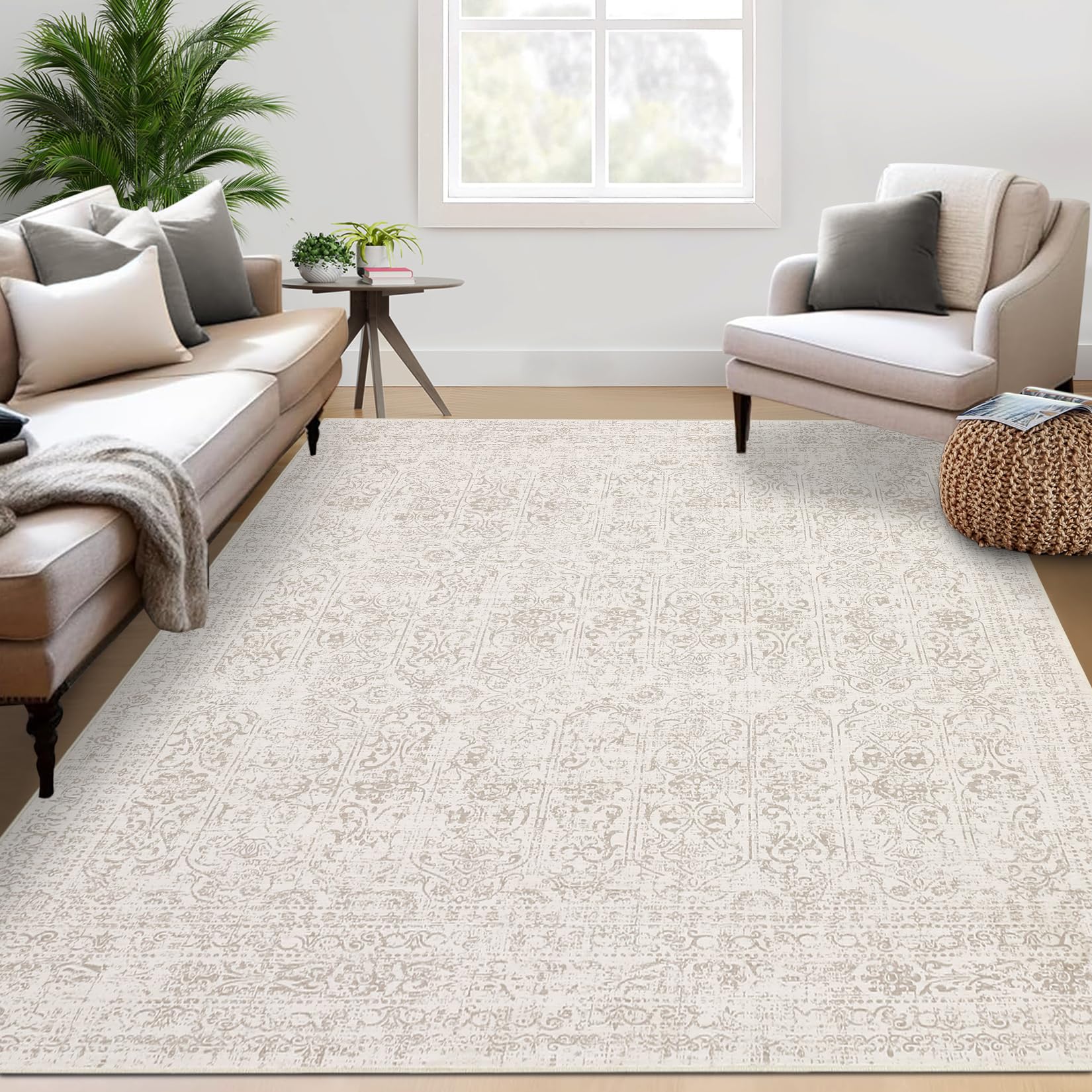 Garvee 9x12 Area Rug Large Washable Indoor Carpet with Non-Slip Backing, Non-Shedding Oriental Distressed Printed Rug, Traditional Medallion Area Rug for Living Room, Bed Room, Beige