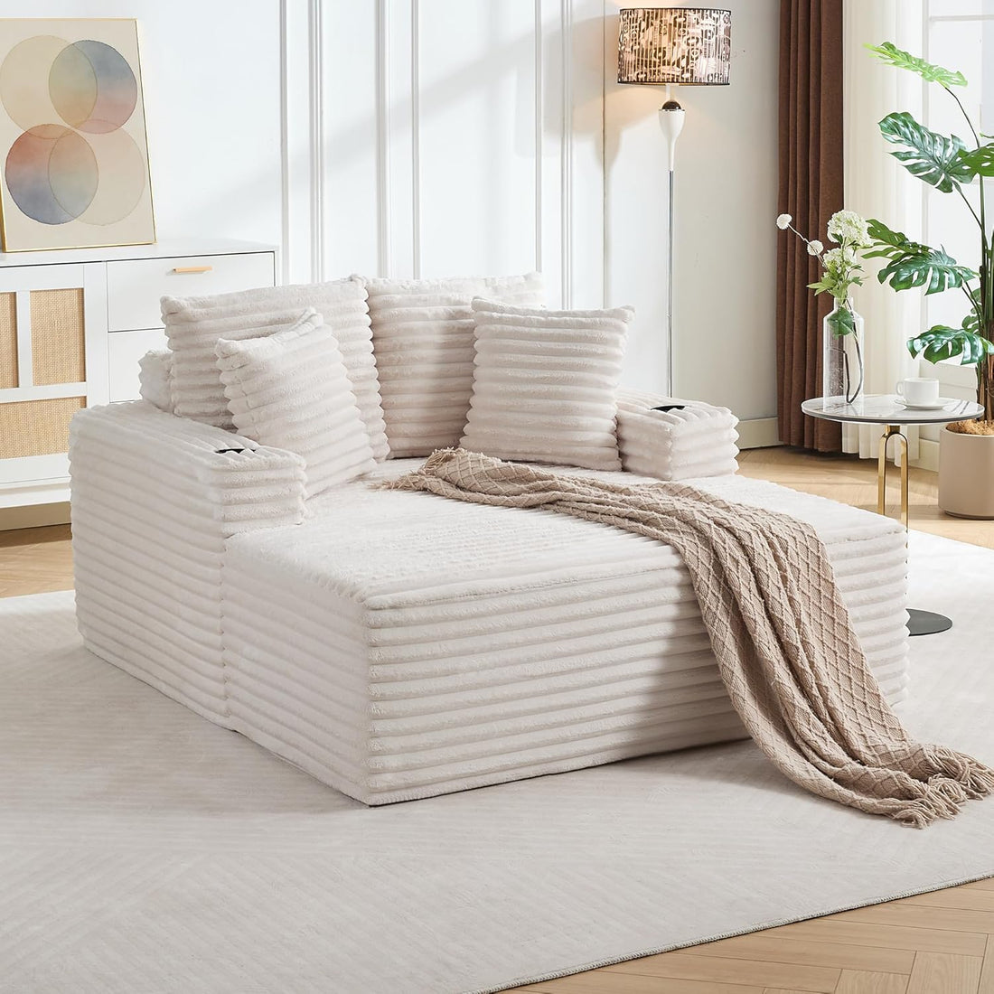 Garvee 64" Oversized Chaise Lounge Chair, Upholstered Boneless Sofa Bed with Throw Pillows, Cup Holders and Armrests, Comfy Corduroy Sleeper Couch for Apartments, Living Room, Bedroom, Beige