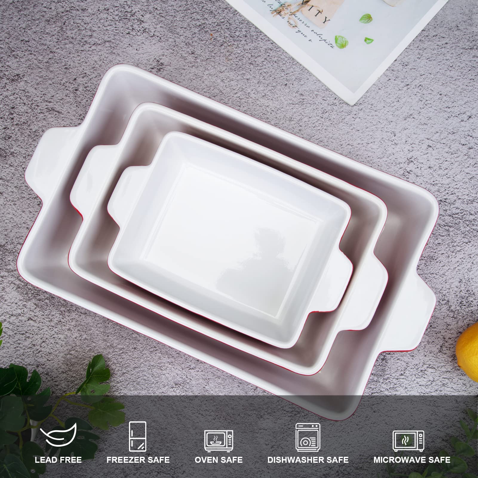 Garvee Ceramic Baking Dish Set of 3, Rectangular Casserole Dish for Oven with Handles, Deep Lasagna Baking Pans for Cooking, Kitchen, Cake Dinner, Banquet, Daily Use, Red
