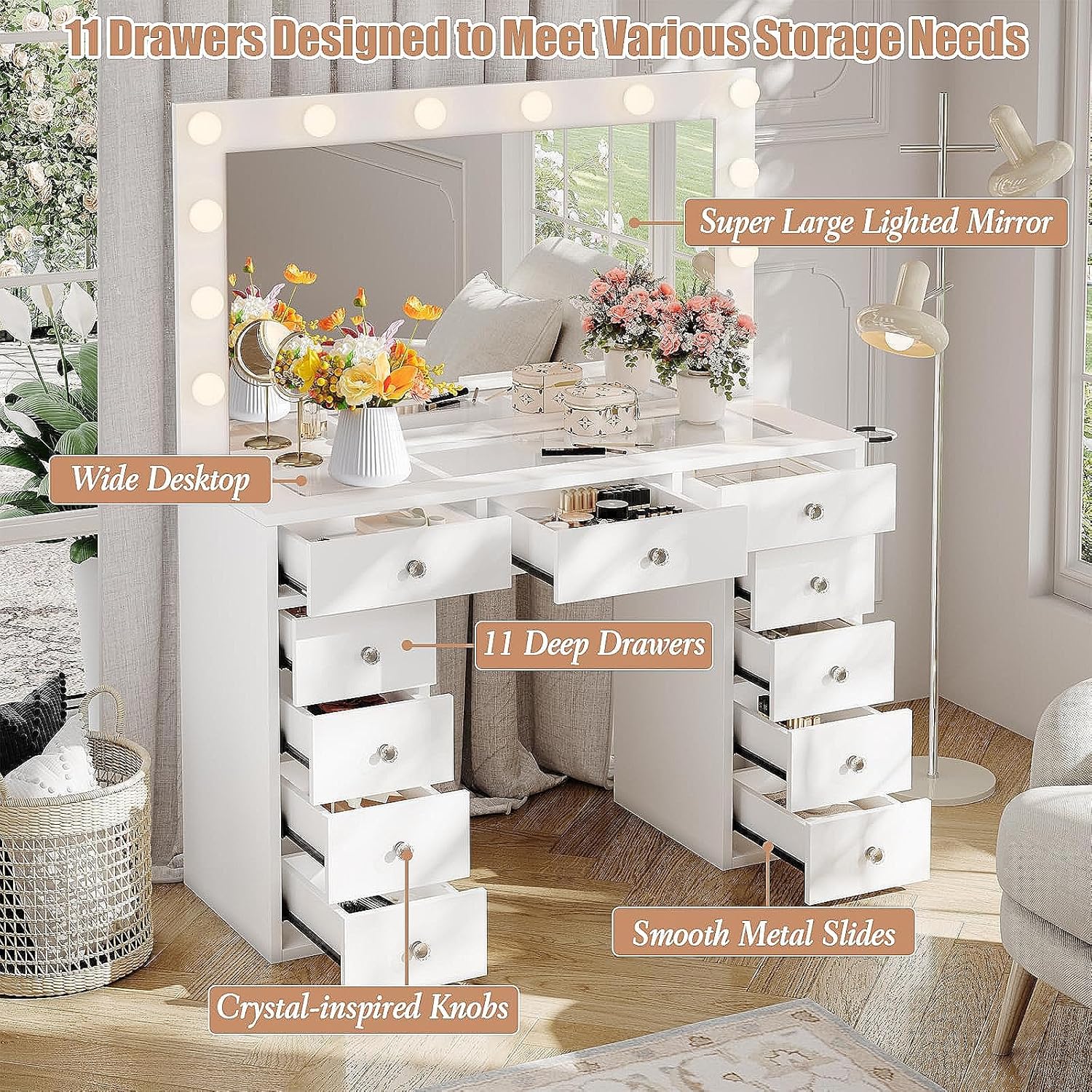 Garvee Vanity Desk With Mirror and Lights, 3-Color Lights Adjustable Brightness Make Up Dressing Table