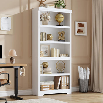 Garvee 5 Tier Bookshelf, 69" Tall Farmhouse Bookcase with Adjustable Shelves, 31.5" W Floor Standing Open Display Storage Rack with Anti-Slip Design for Home Office, Balcony, Library, Study / Living Room, White