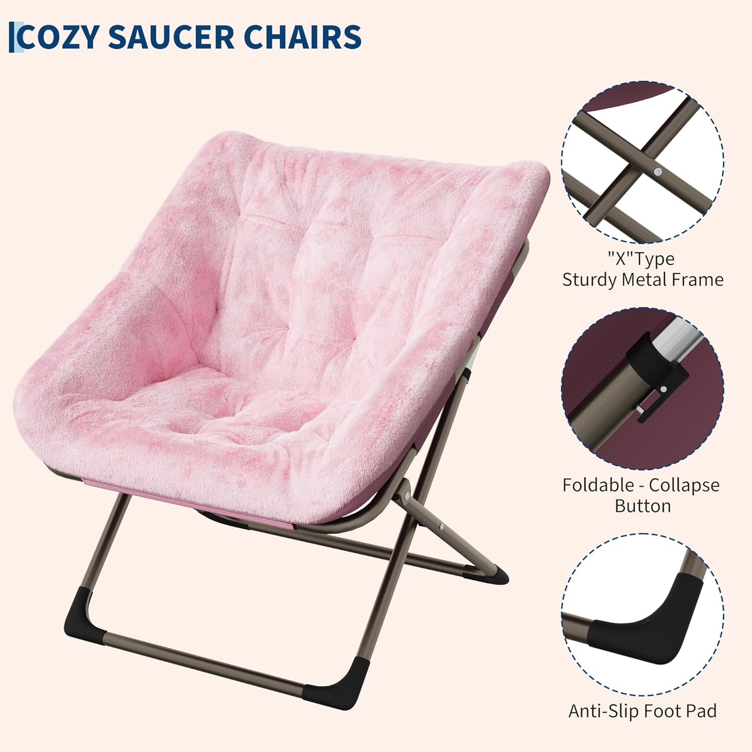 Garvee Folding Saucer Chairs for Adults, Comfy Faux Fur Lazy Chair with Metal Frame, 300 LB Capacity, No Assembly Required for Living Room, Bedroom, Dorms, Pink