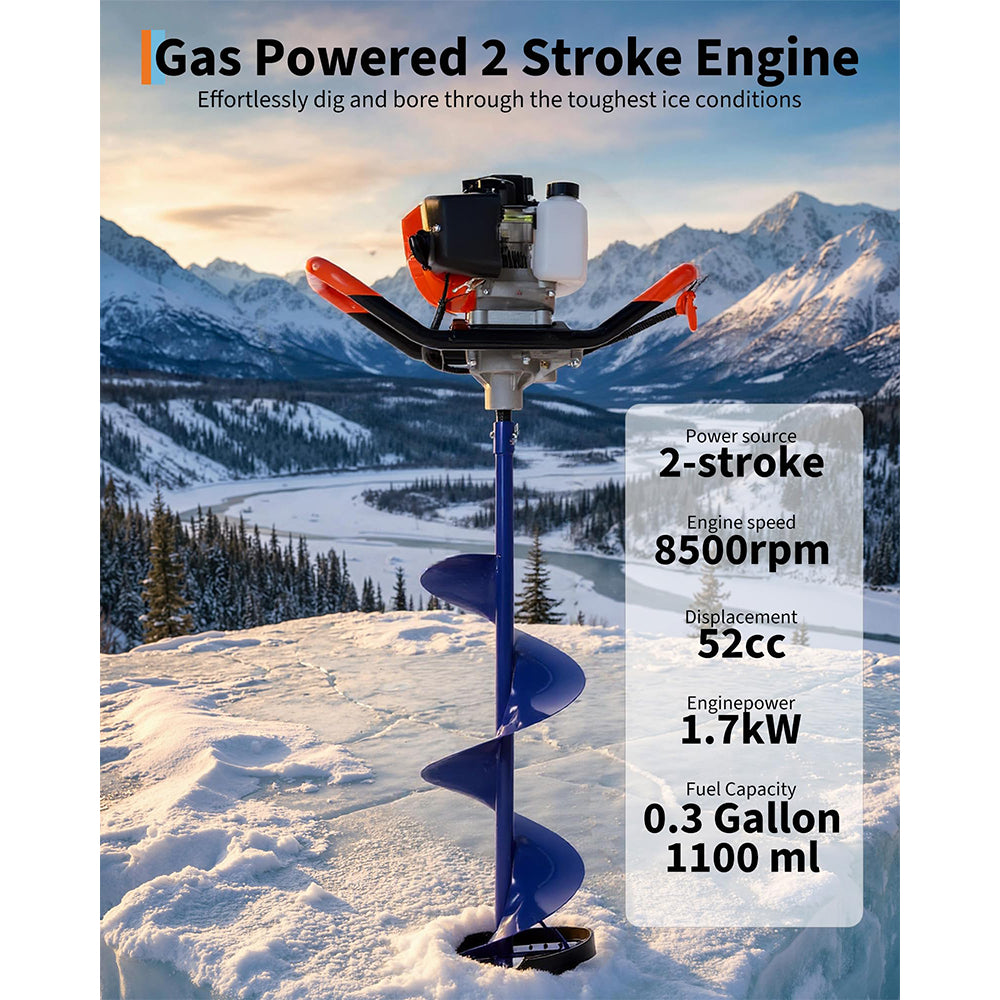 Garvee 2-in-1 Gas Powered 52CC 2-Stroke Ice Auger & Earth Auger Kit with 10" Ice Drill and 5.9" Ground Drill Bit for Ice Fishing and Post Hole Digging, EPA Certified