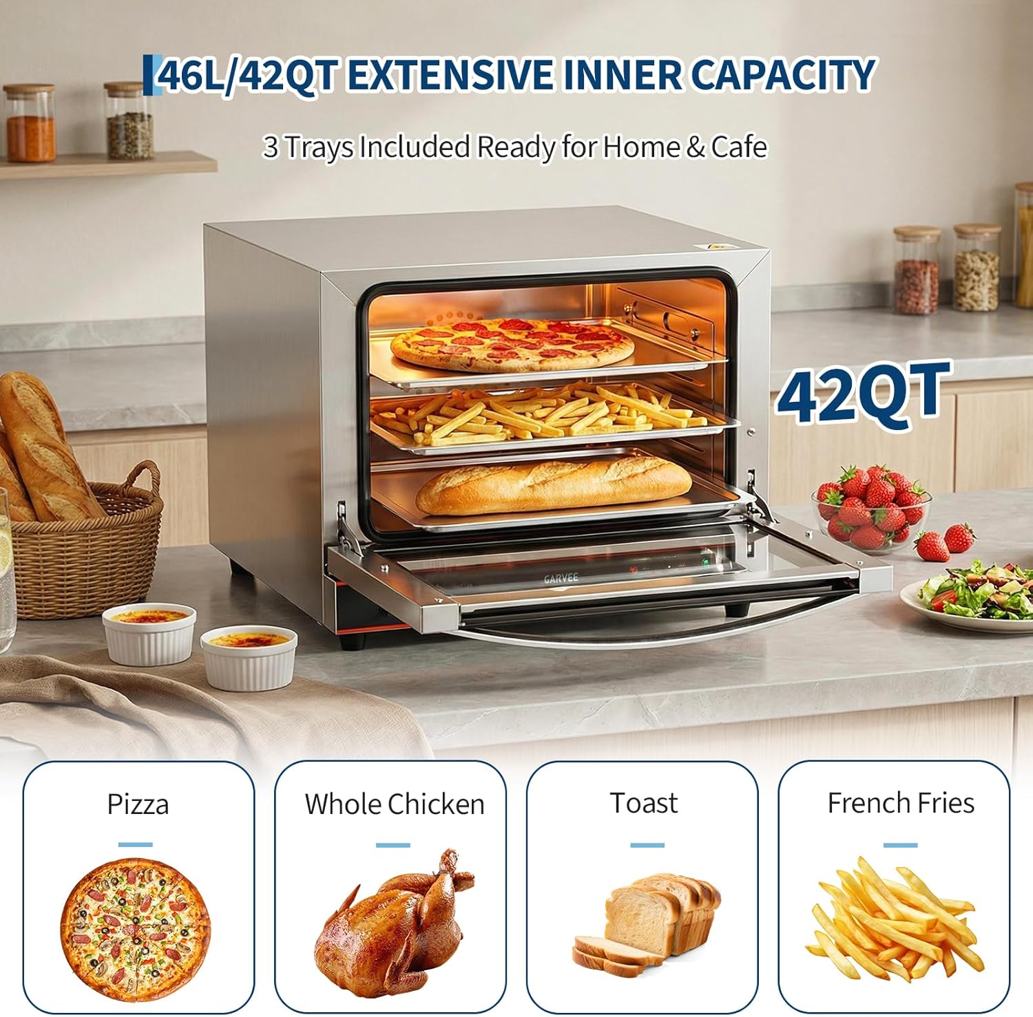 Garvee Commercial Convection Oven Countertop, 46L/42Qt, 1800W Toaster, 3-Tier Electric Oven w/Front Glass Door, Trays Wire Racks Clip Gloves, 120V