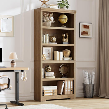 Garvee 5 Tier Bookshelf, 69" Tall Farmhouse Bookcase with Adjustable Shelves, 31.5" W Floor Standing Open Display Storage Rack with Anti-Slip Design for Home Office, Balcony, Library, Study / Living Room, Brown