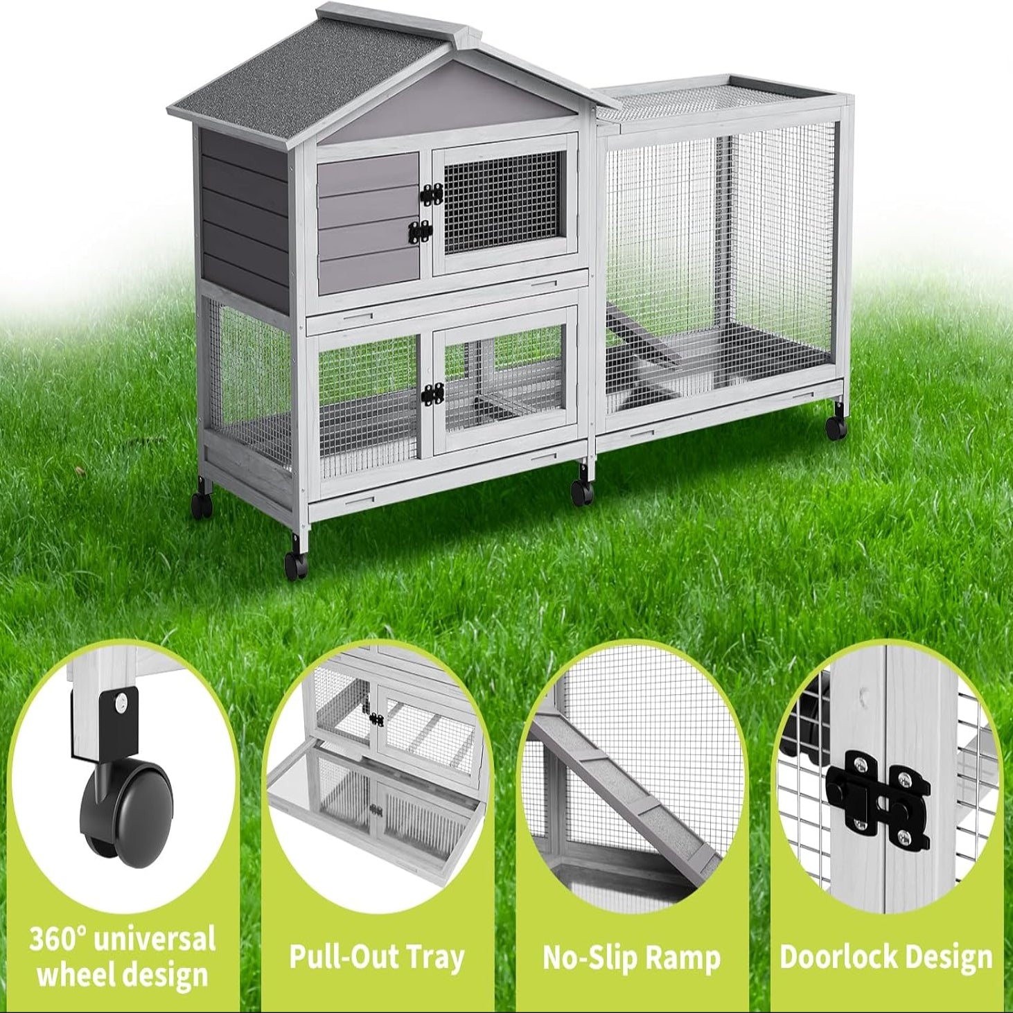 Garvee 63“ Rabbit Cage with Weatherproof Roof, Bunny Cage with 6 Lockable Caster Wheels & Pull-Out Tray, Rabbit Hutch for Indoor Outdoor Use, Grey