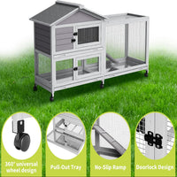 Garvee 63“ Rabbit Cage with Weatherproof Roof, Bunny Cage with 6 Lockable Caster Wheels & Pull-Out Tray, Rabbit Hutch for Indoor Outdoor Use, Grey