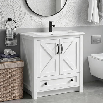 Garvee Modern 30" Freestanding Bathroom Vanity with with 2 Doors and Storage Drawer for Bathroom, White