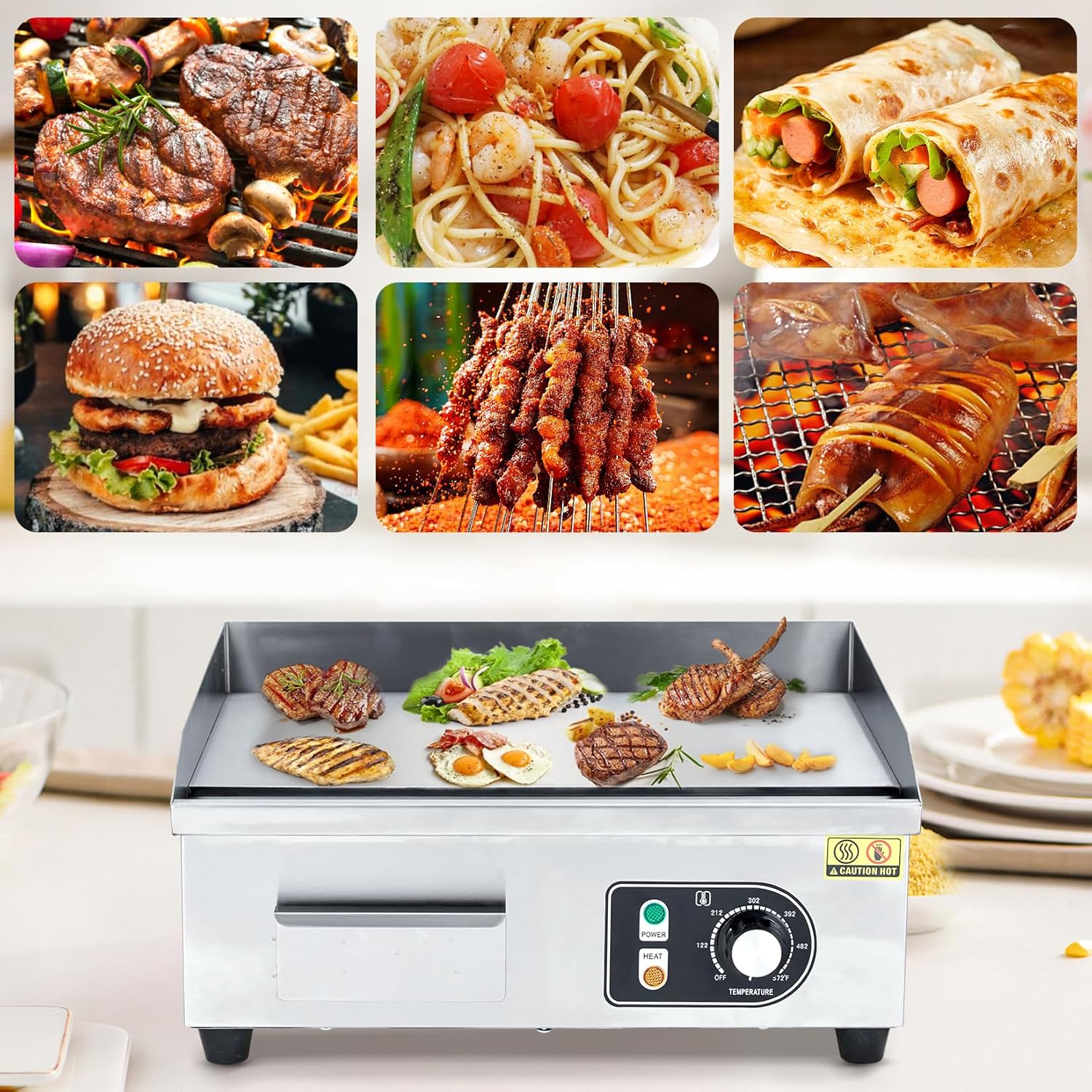 Garvee 22-Inch Commercial Electric Grill 1600W Non-Stick Stainless Steel Adjustable Temp 122°F-572°F for Home & Restaurant(WITH PLUG)