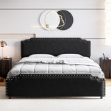 Garvee King Size Bed Frame, Velvet Upholstered Platform Bed Frame with Rivet Decor Headboard, Strong Wood Slat Support, No Box Spring Needed(Black/King) - Black