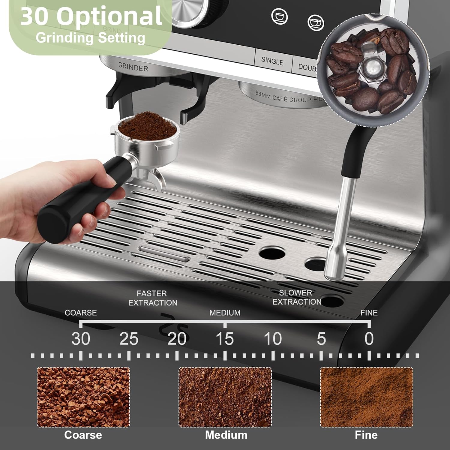 20 Bar Espresso Coffee Machine with Grinder, 2.8L Water Tank