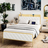 Garvee King Size Bed Frame, Storage Headboard with Charging Station, Platform Bed with Velvet Backrest, No Box Spring Needed, Easy Assembly, Beige - Beige