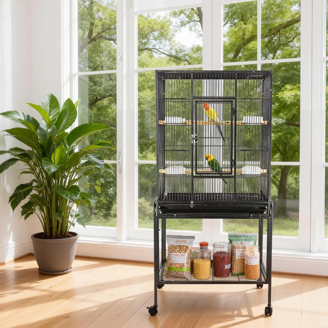 Garvee Bird Cage with Wheels, 53 Inch Bird Flight Cage, Wrought Iron Standing Large Parrot Parakeet Flight Birds Cages with Slide Out Tray Parrot Metal Parakeet Cages with Wooden Perches Black