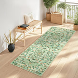 Garvee Modern Floral Green 2x6 Area Rug Washable Kitchen Runner Rug Stain Resistant Easy Cleaning Throw Carpet With Non-Slip Backing Non Shedding Low Pile Floor Cover For Hallway Laundry Bedroom - Green