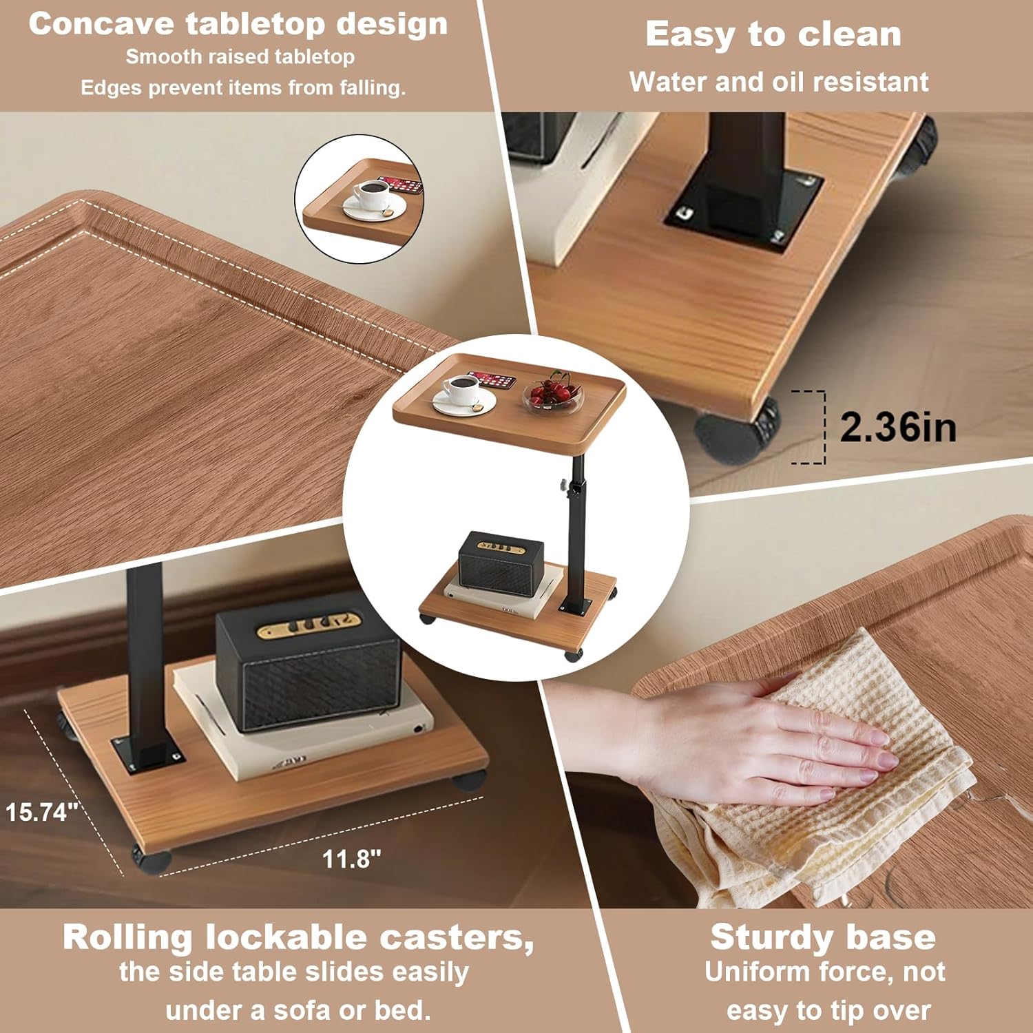 Garvee Modern C Shaped Tables Adjustable Height, 360° Swivel Lift Top Bed End Tables with Wheels, Small Side Table for Couch Living Room, Bedroom(Wood Color)