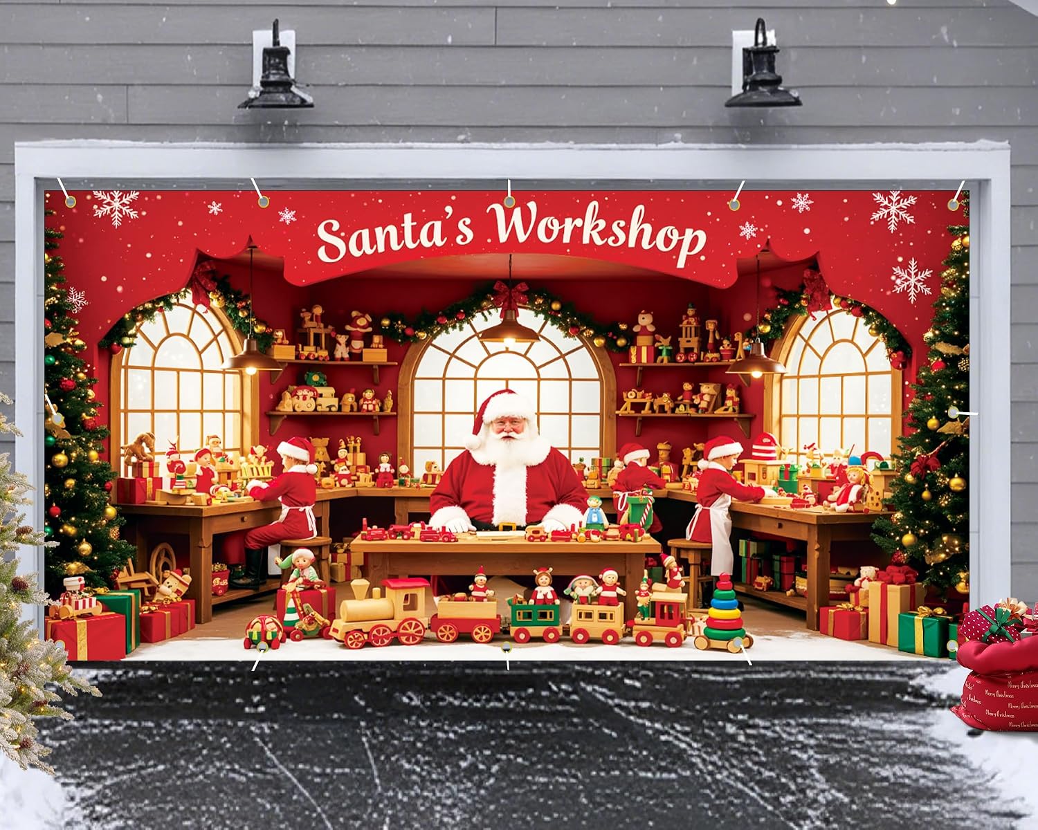 Garvee Large Christmas Garage Door Cover 7x16 ft, Festive Holiday Garage Door Banner for Home, Church, Party, Wall Decorations (Santa’s Shop)
