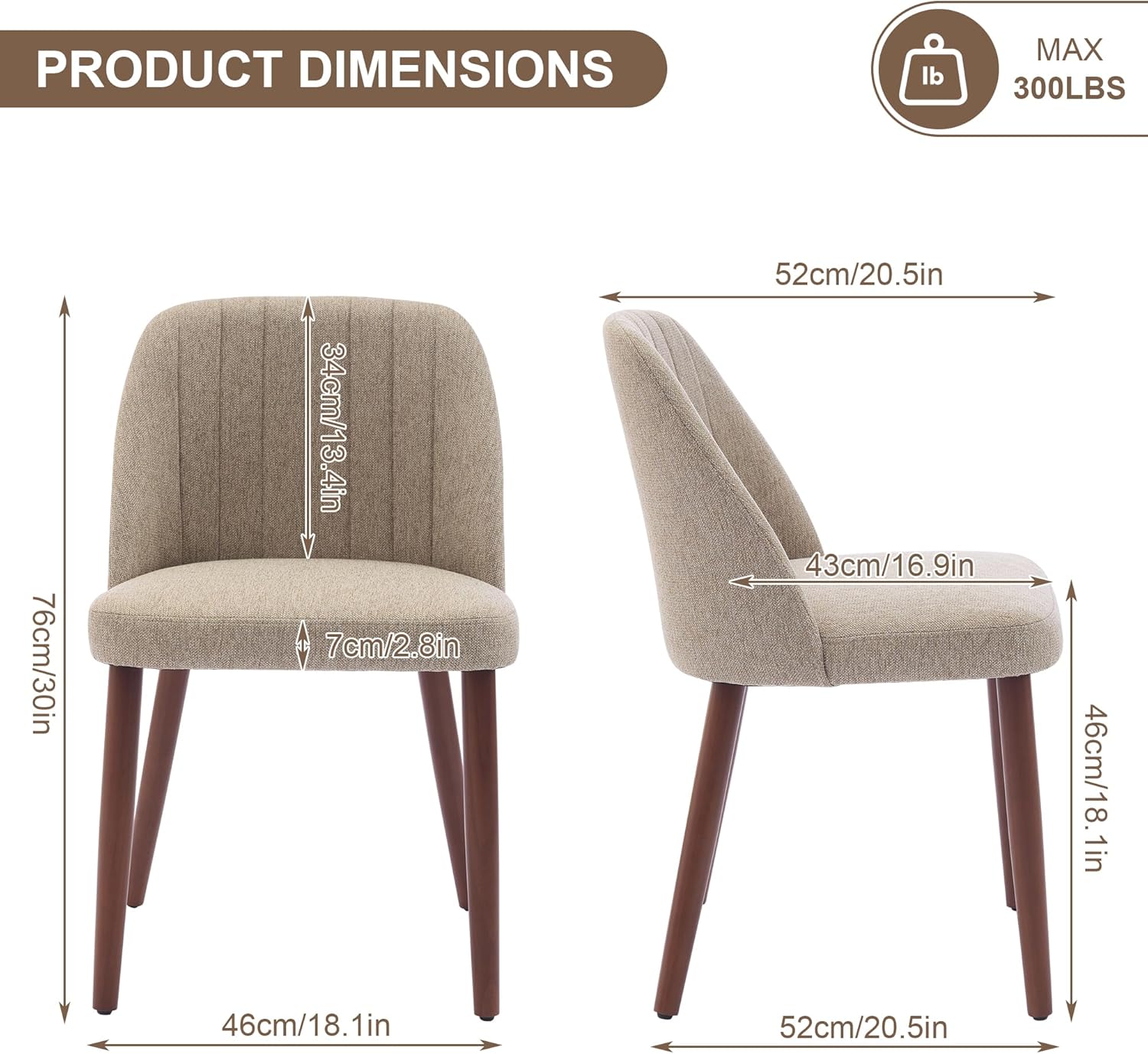 Garvee Set of 4 Mid-Century Modern Fabric Upholstered Dining Chairs with Padded and Solid Wood Legs, Camel