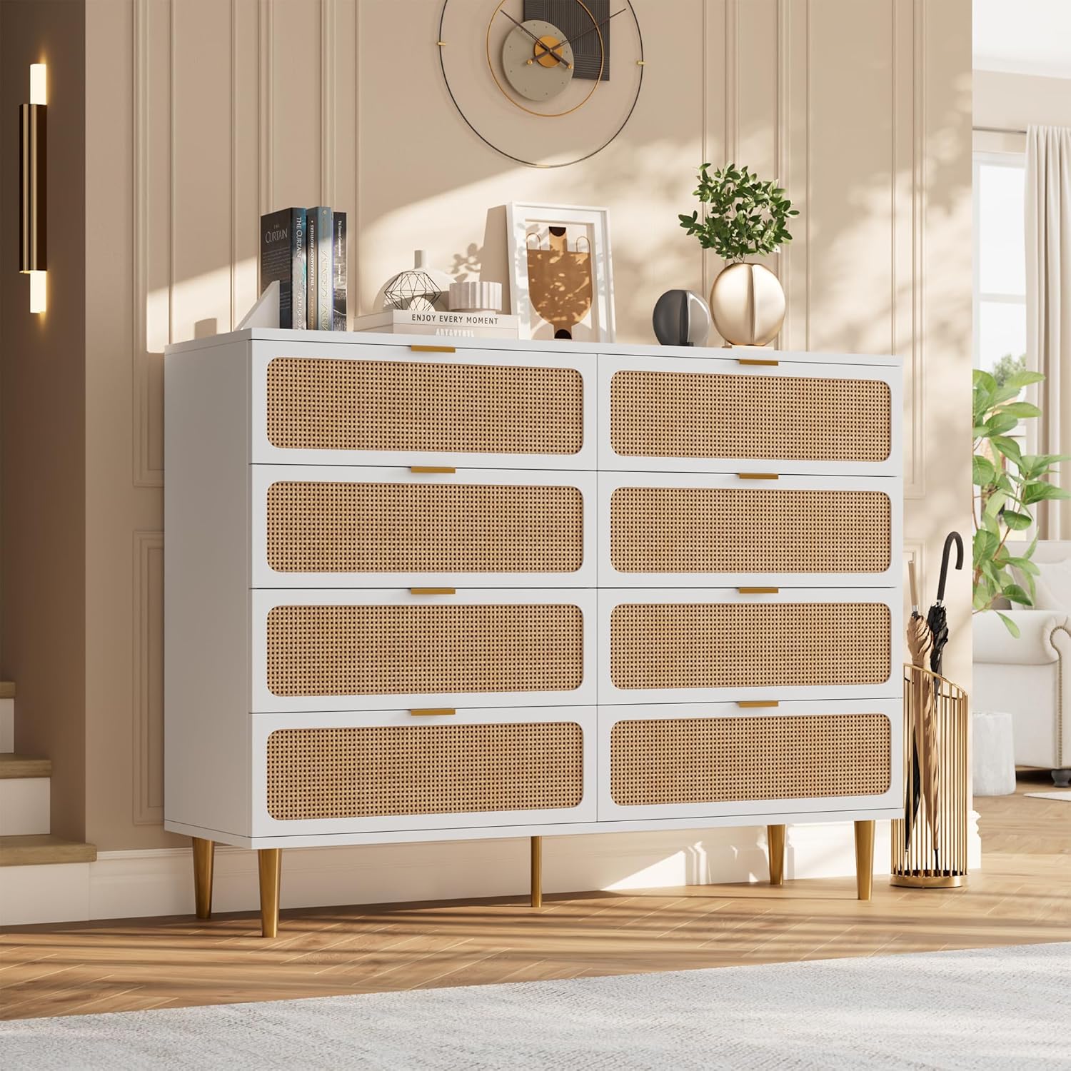Garvee Rattan 8 Drawer Dressers for Bedroom, Tall Dresser with Deep Drawers, Large Chest of Drawers for Closet with Wide Top, Long Wooden Dresser for Living Room, Hallway, Kids Room, White