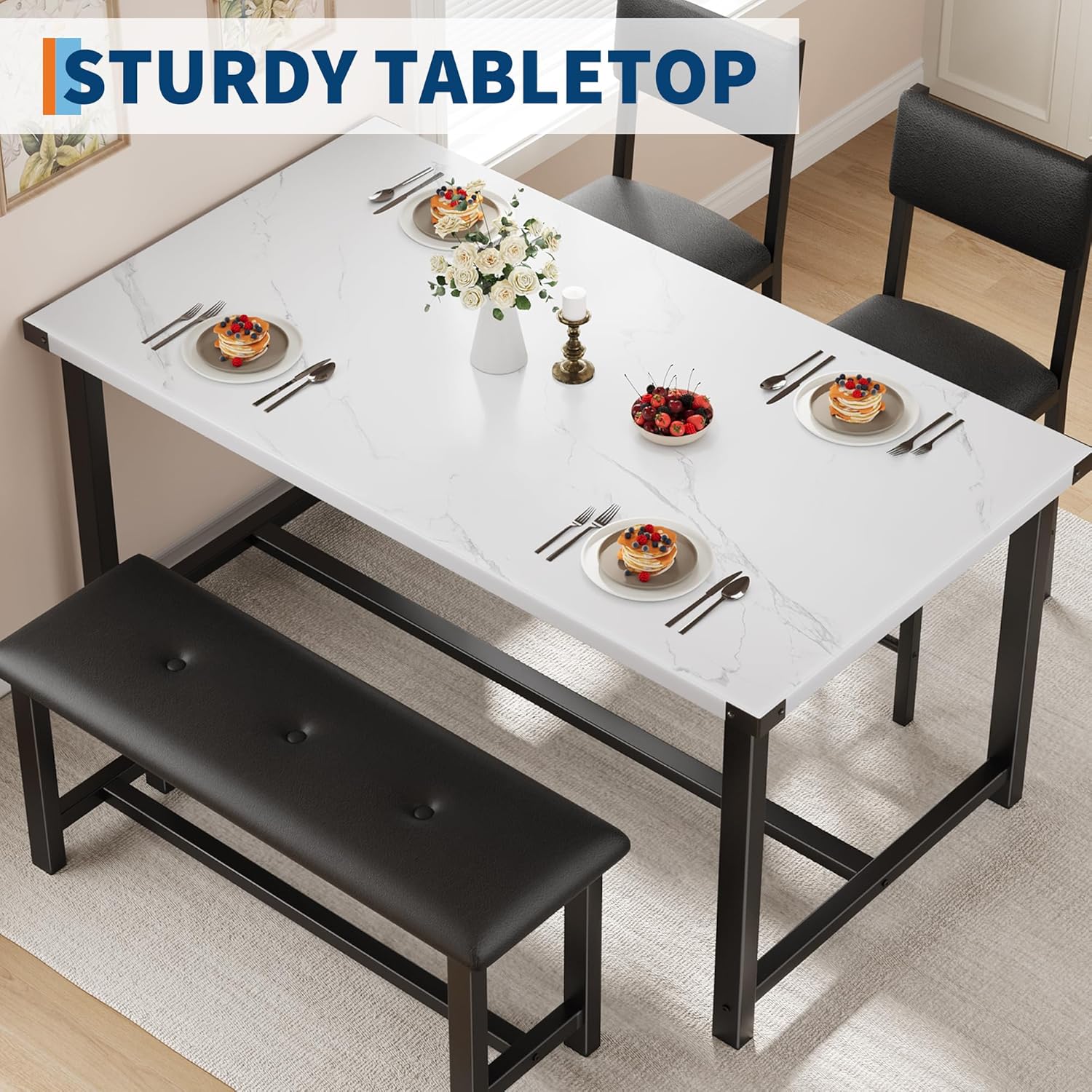 Garvee Set of 4 Dining Table Chair Set with Upholstered Chairs and Bench, Black & White