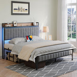 Garvee Bed Frame with Led Lights and Storage Headboard, Upholstered Platform Bed with Charging Station, Heavy Duty, No Box Spring Needed, Easy Assembly, Linen Grey, Queen Size - Grey