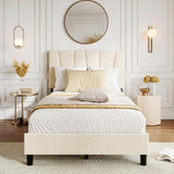 Garvee Twin Size Bed Frame with Adjustable Headboard, Linen Upholstered Twin Platform Bed Frame with Strong Wooden Slats, Mattress Foundation, No Box Spring Needed, Easy Assembly, Beige - Beige