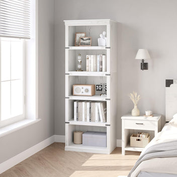 Garvee Farmhouse Bookcase 5 Tiers Tall Wooden 67.4" with Storage, Colonial Molding, MDF Boards, Iron Angle Design, Home Office, Living Room, White