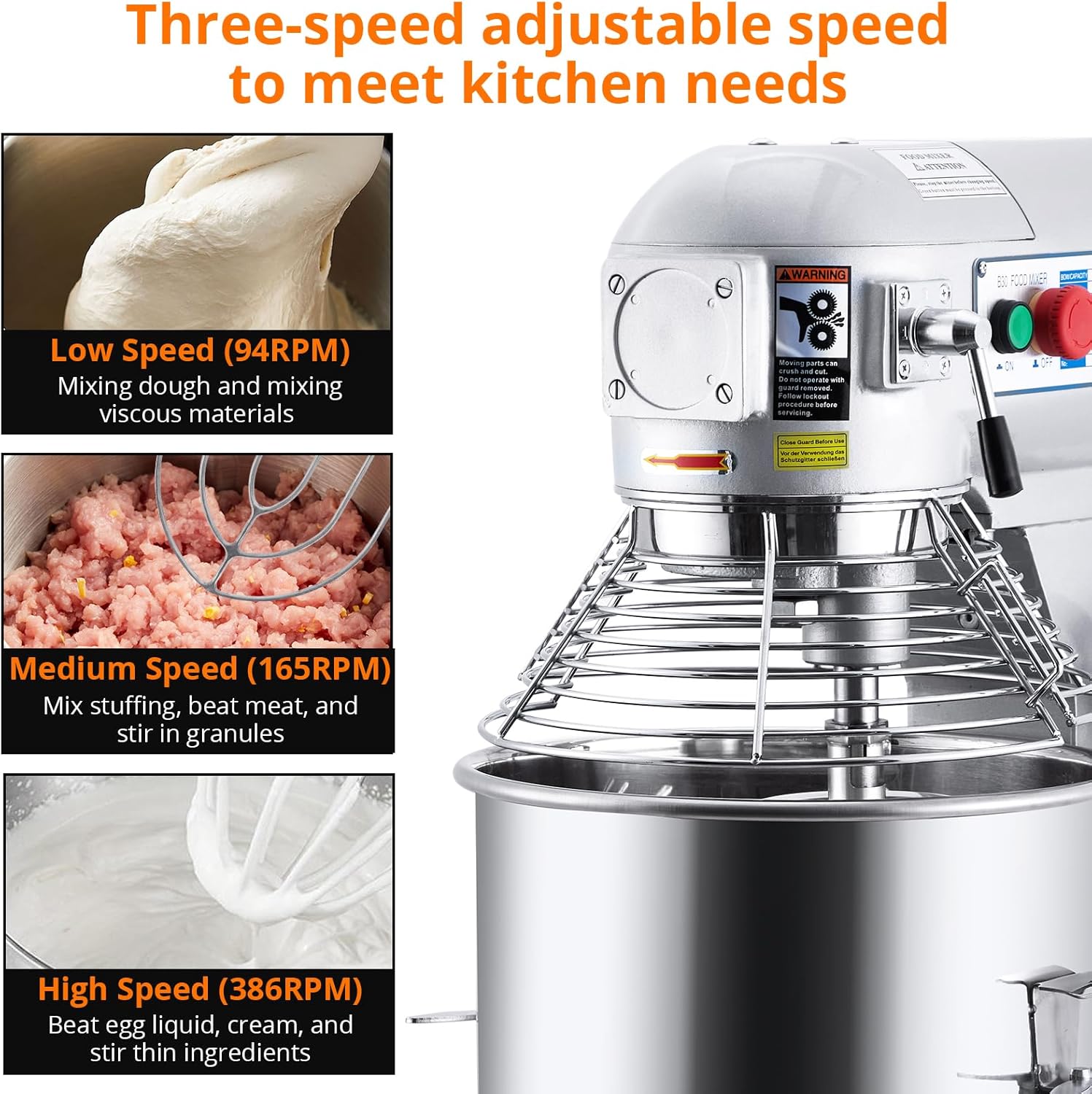 Garvee 15QT Commercial Food Mixer, Professional Large Stand Mixer With 3-Speed Adjustable, Heavy Duty Electric Dough Mixer for Restaurant Industrial Grade, Steel Bowl, Dough Hooks