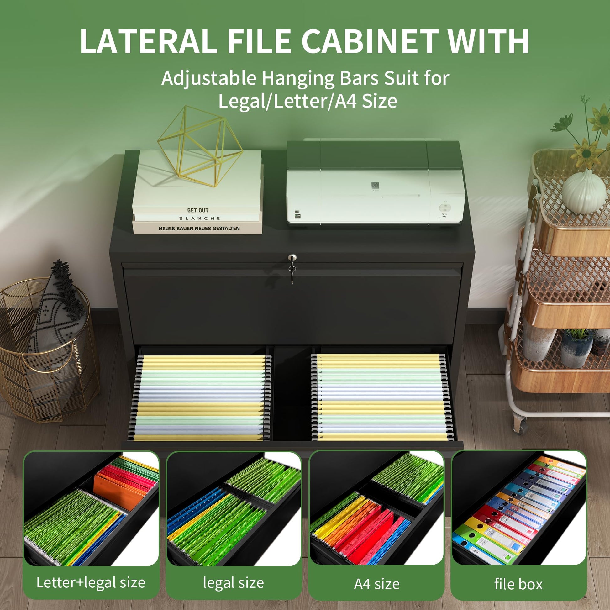 Garvee 2 Drawer File Cabinet with Lock, Metal Lateral Filing Cabinets for Letter/Legal Size Documents, Smooth Full-Extension Slides, Durable File Storage for Home Office, Black