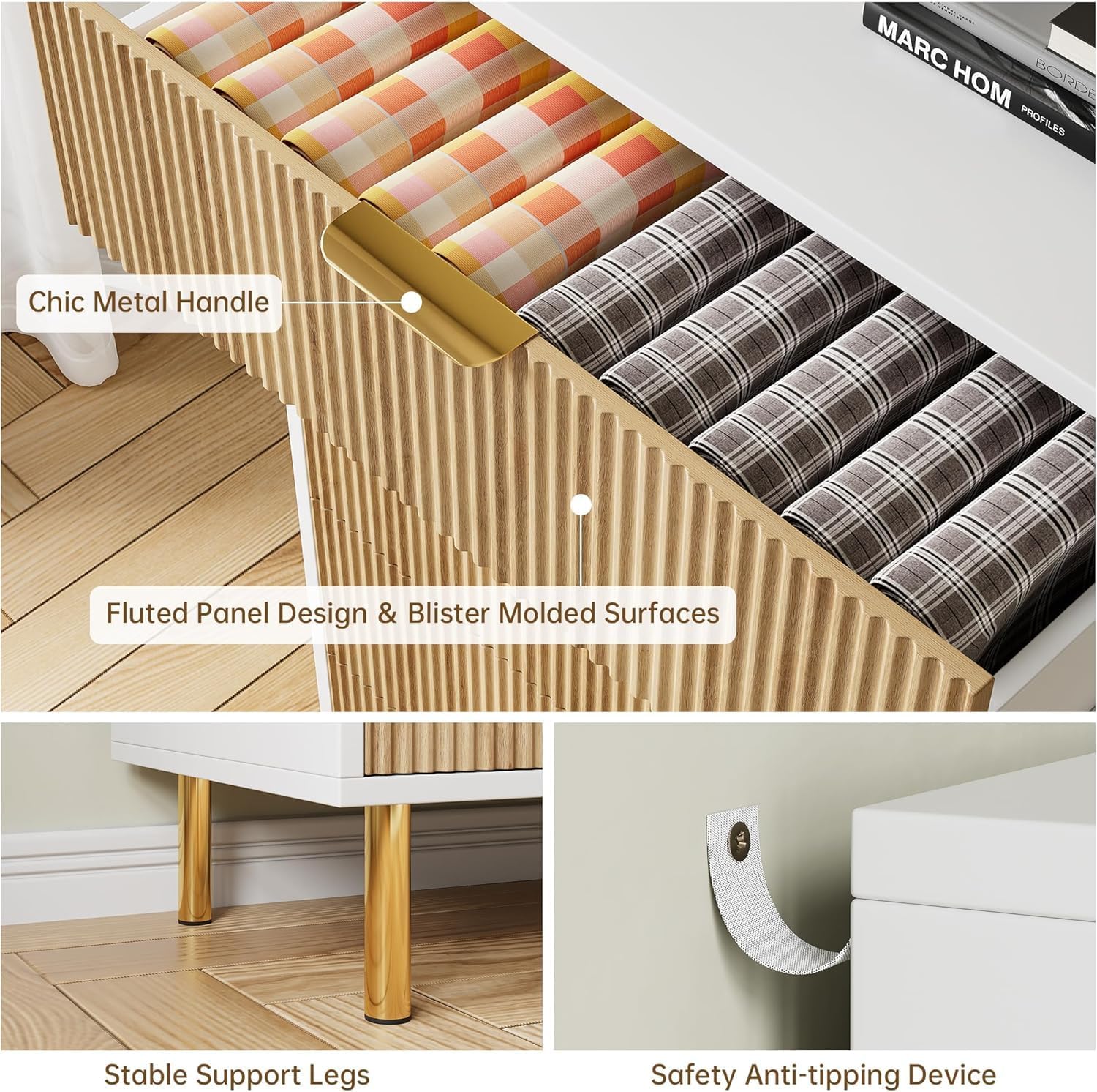 Garvee Modern 3 Drawer Dresser for Bedroom with Gold Handle and Large Drawer, Wood Double Chest of Drawers and Storage Organizer for Living Room, Hallway, Entryway, Natural Oak&White